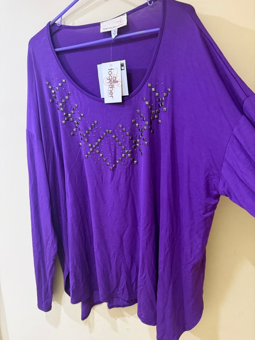 Anthony Originals Women’s Purple Knit Studded Scoop Neck Dolman Tunic Top 3X